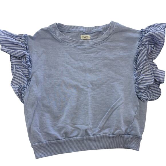 Pilcro Shirt Womens XS Blue Ruffle Flutter Sleeve Cotton Knit Striped Ribbed Hem - Picture 1 of 9